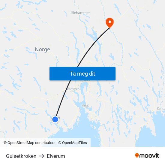 Gulsetkroken to Elverum map