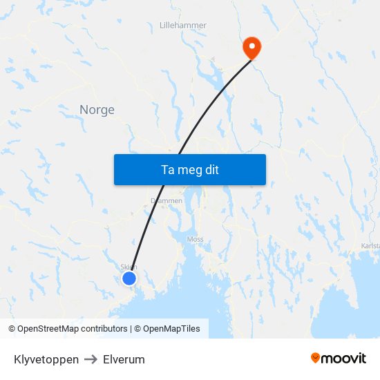 Klyvetoppen to Elverum map