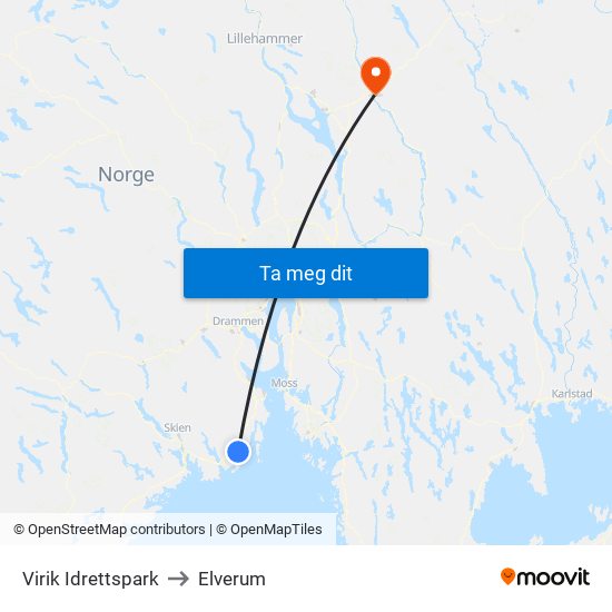 Virik Idrettspark to Elverum map