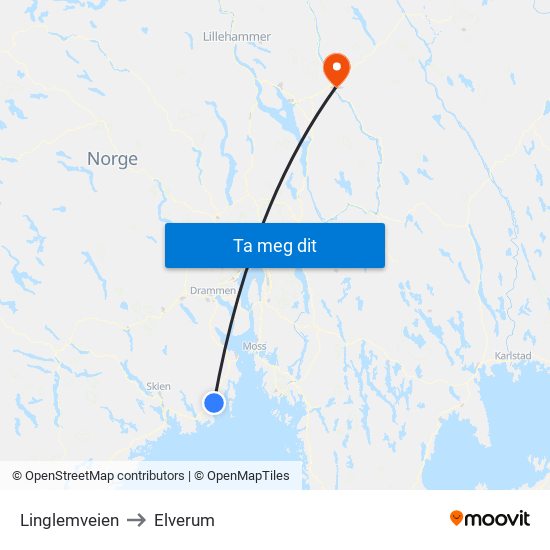 Linglemveien to Elverum map