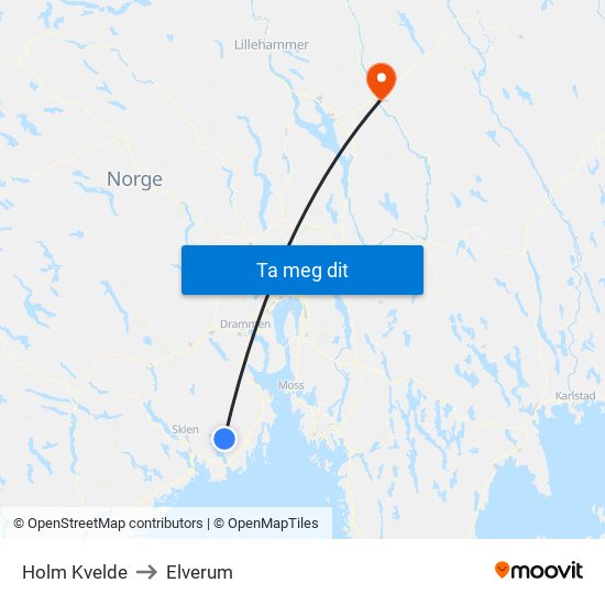 Holm Kvelde to Elverum map