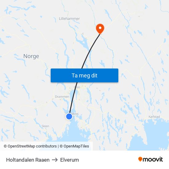 Holtandalen Raaen to Elverum map