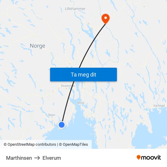 Marthinsen to Elverum map