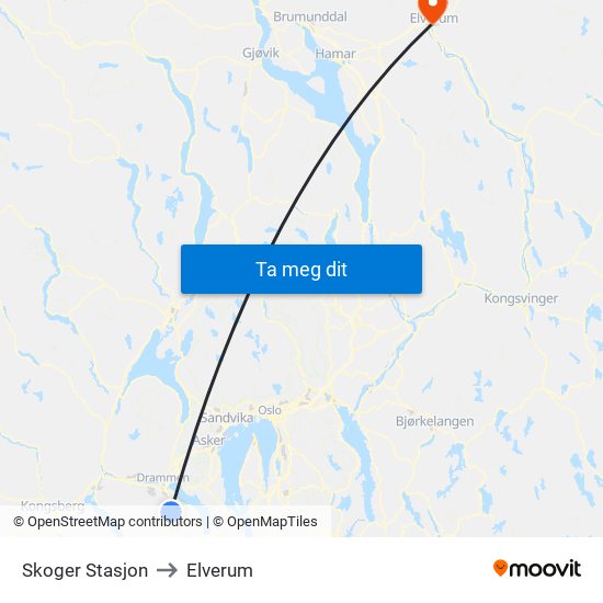 Skoger Stasjon to Elverum map