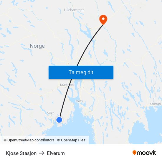 Kjose Stasjon to Elverum map