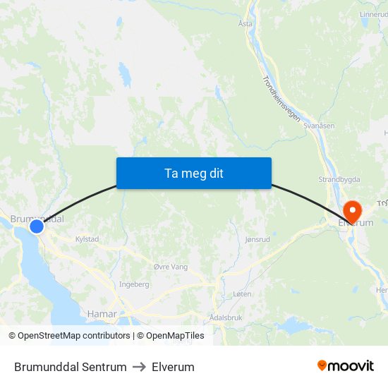 Brumunddal Sentrum to Elverum map