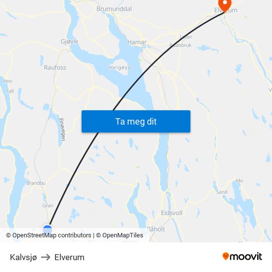 Kalvsjø to Elverum map