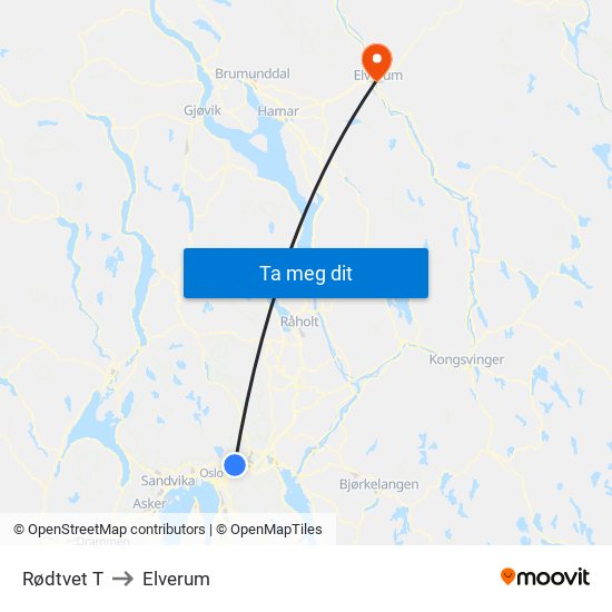 Rødtvet T to Elverum map