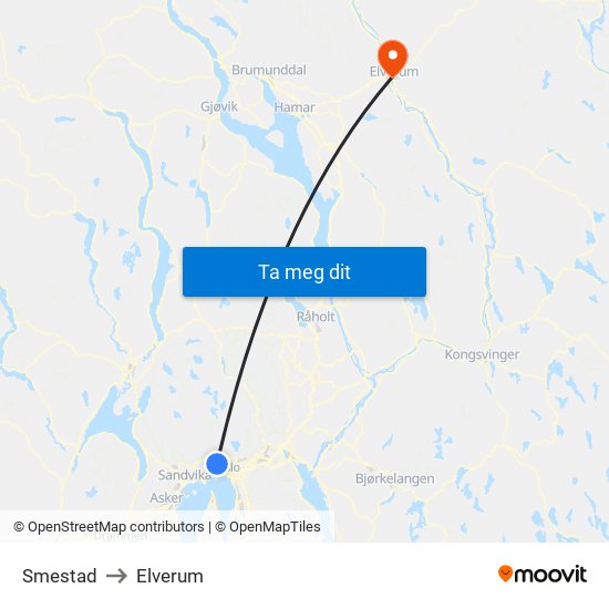 Smestad to Elverum map