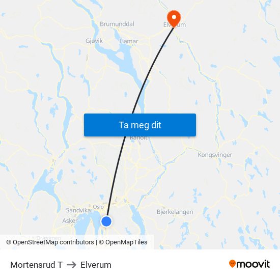 Mortensrud T to Elverum map