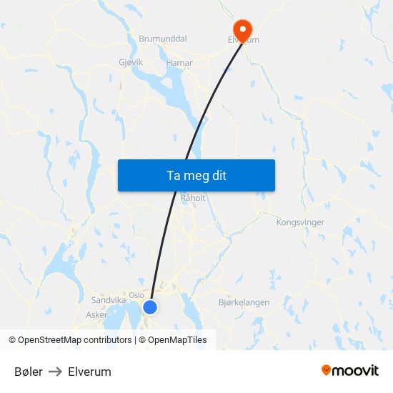 Bøler to Elverum map