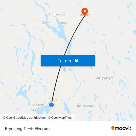 Brynseng T to Elverum map