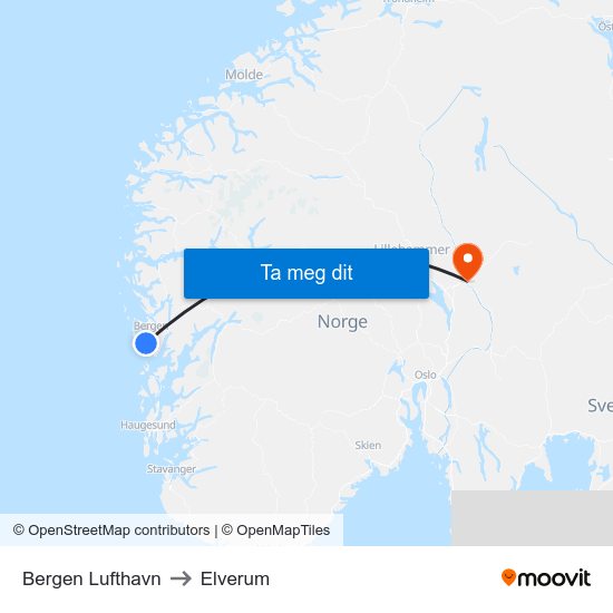 Bergen Lufthavn to Elverum map