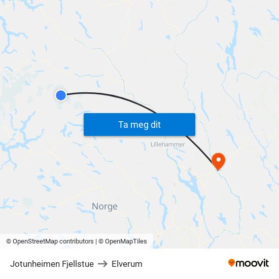 Jotunheimen Fjellstue to Elverum map