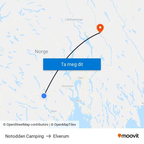 Notodden Camping to Elverum map