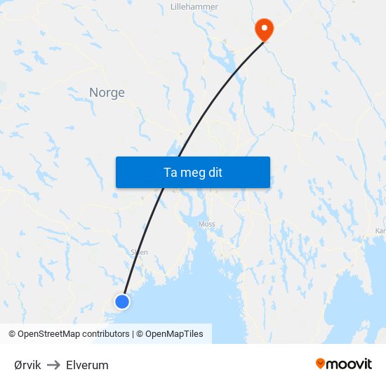 Ørvik to Elverum map