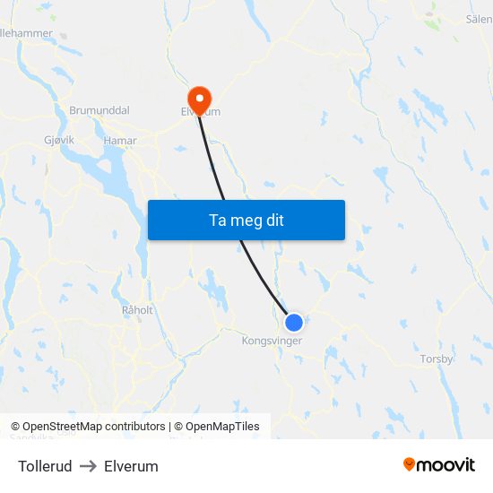 Tollerud to Elverum map