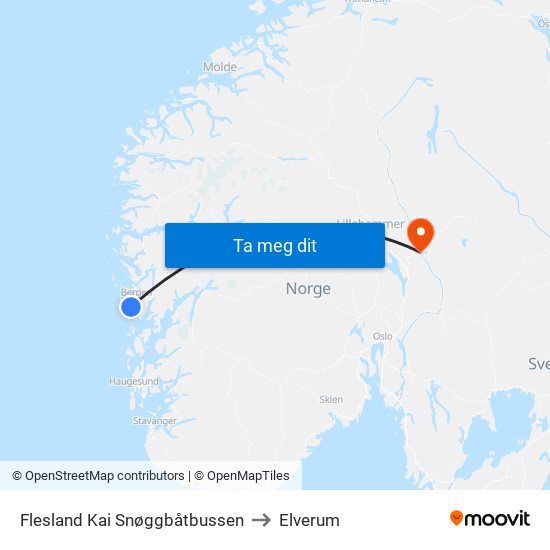 Flesland Kai Snøggbåtbussen to Elverum map