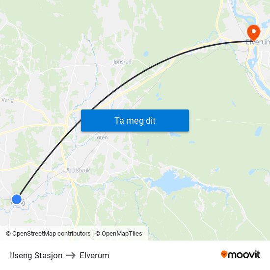 Ilseng Stasjon to Elverum map