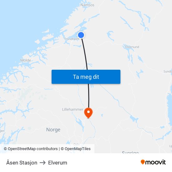 Åsen Stasjon to Elverum map