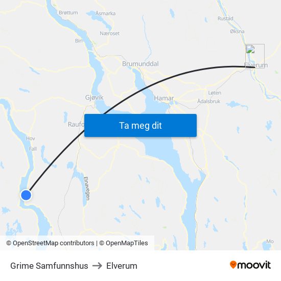 Grime Samfunnshus to Elverum map