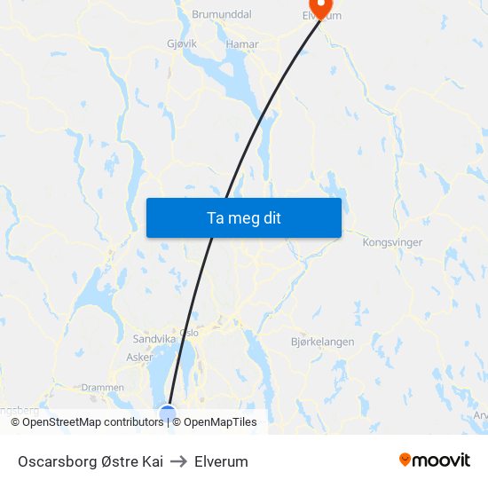 Oscarsborg Østre Kai to Elverum map