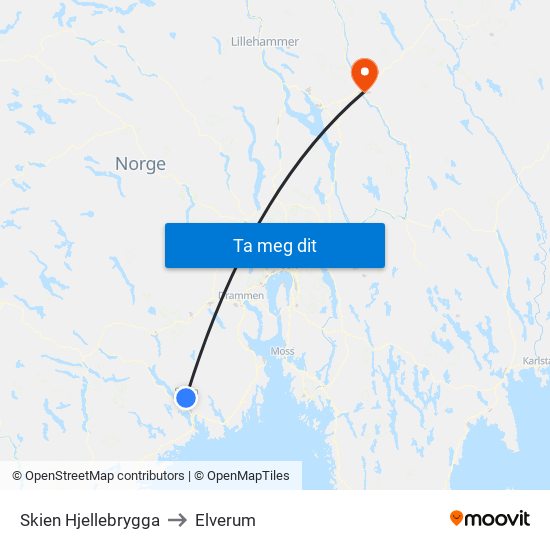 Skien Hjellebrygga to Elverum map