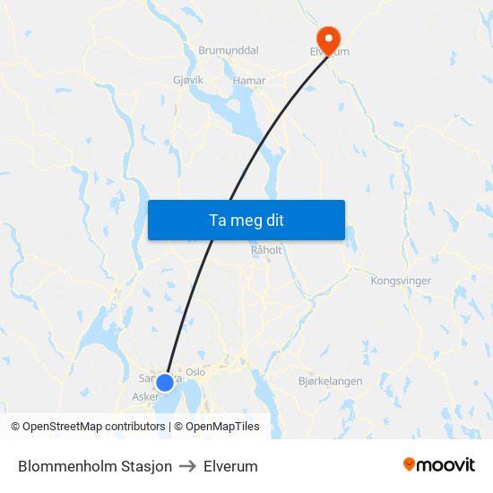 Blommenholm Stasjon to Elverum map