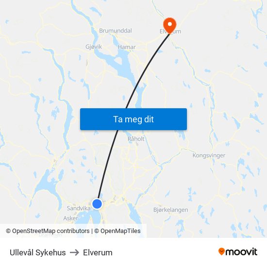 Ullevål Sykehus to Elverum map