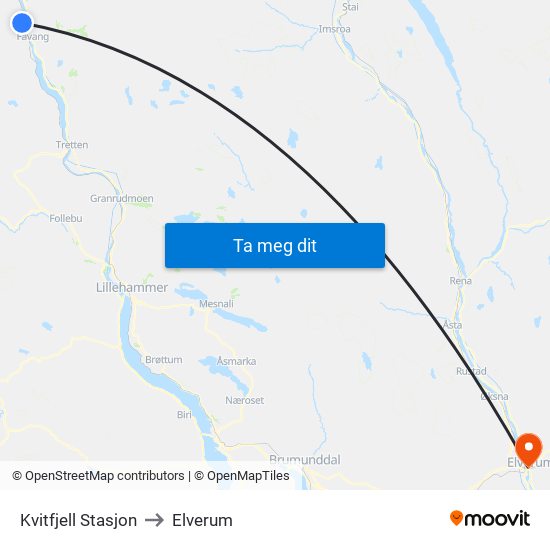 Kvitfjell Stasjon to Elverum map