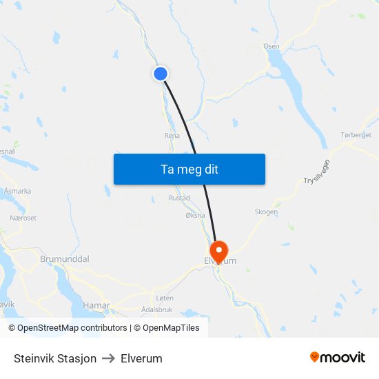 Steinvik Stasjon to Elverum map