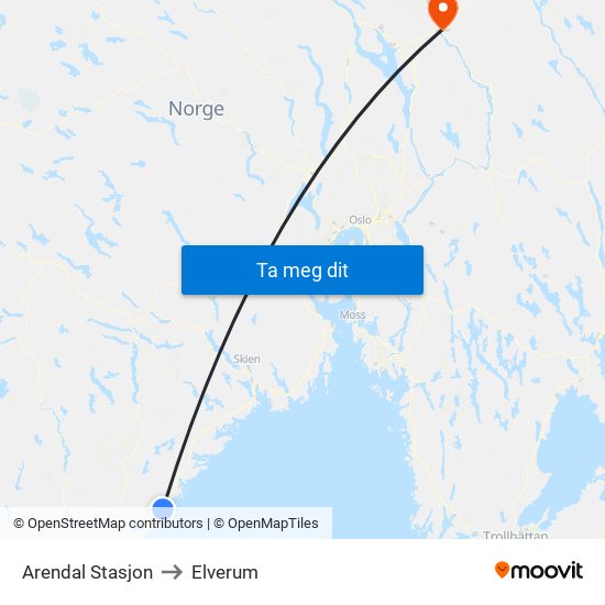 Arendal Stasjon to Elverum map