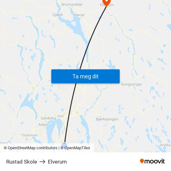 Rustad Skole to Elverum map