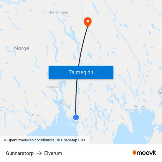 Gunnarstorp to Elverum map