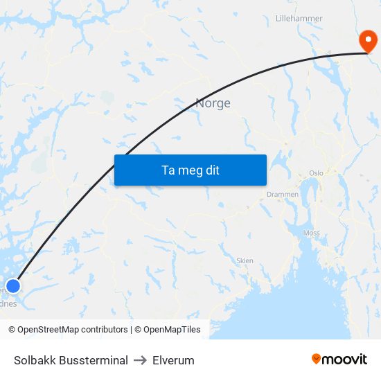 Solbakk Bussterminal to Elverum map