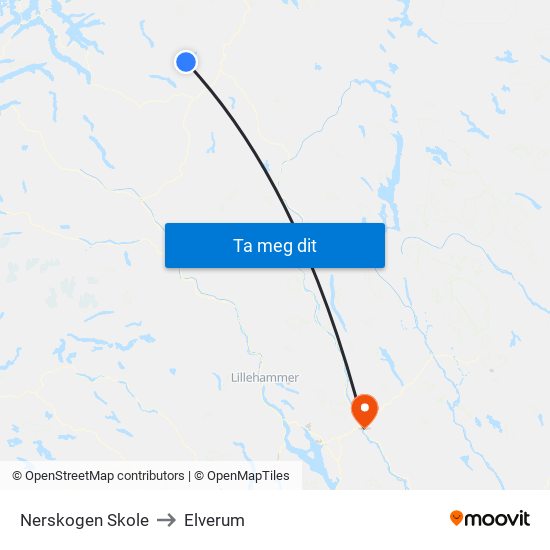 Nerskogen Skole to Elverum map