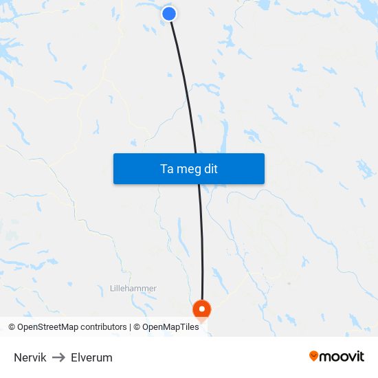 Nervik to Elverum map