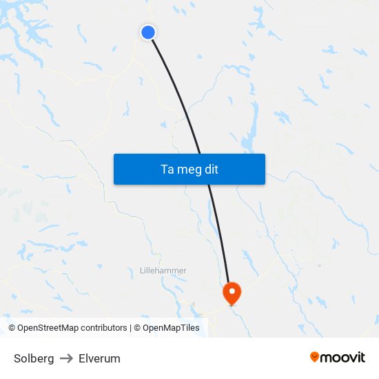 Solberg to Elverum map