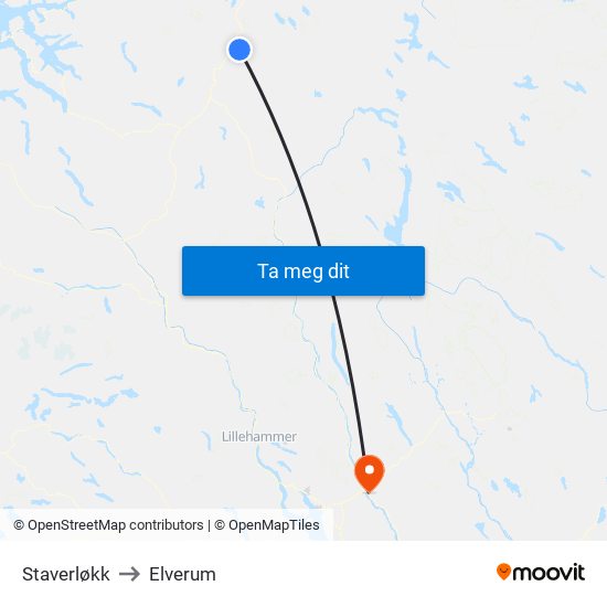 Staverløkk to Elverum map