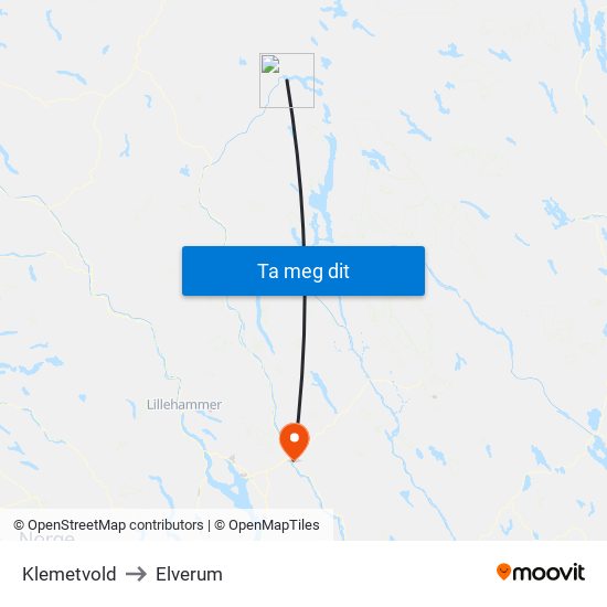 Klemetvold to Elverum map