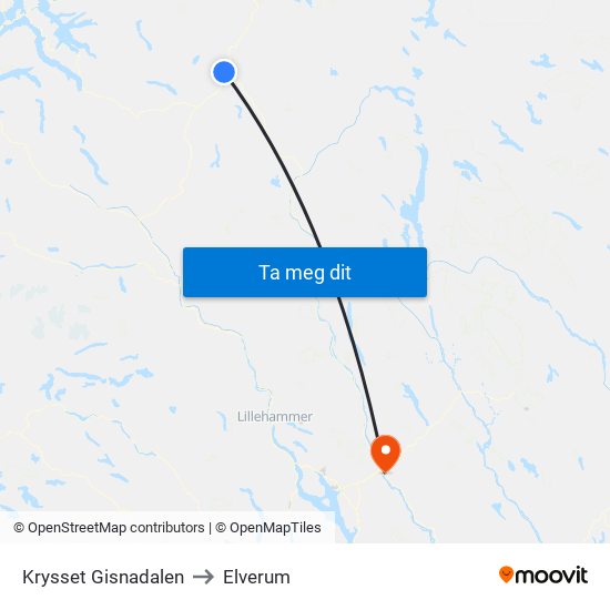 Krysset Gisnadalen to Elverum map