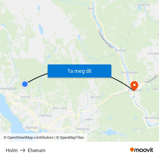 Holm to Elverum map