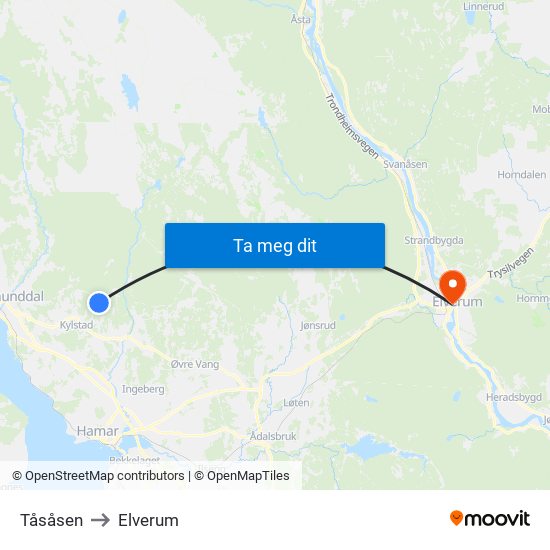 Tåsåsen to Elverum map