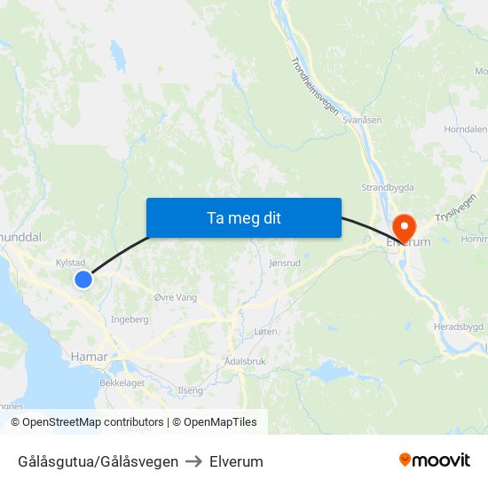 Gålåsgutua/Gålåsvegen to Elverum map