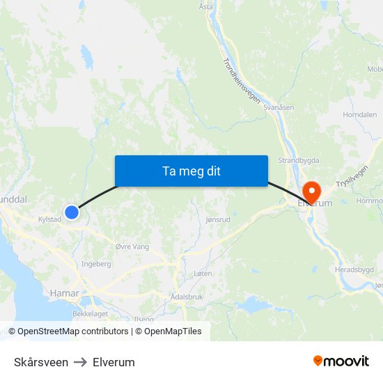 Skårsveen to Elverum map