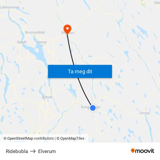 Ridebobla to Elverum map