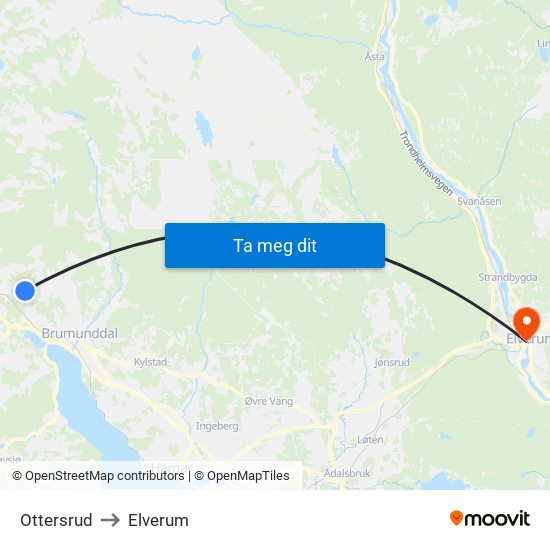Ottersrud to Elverum map