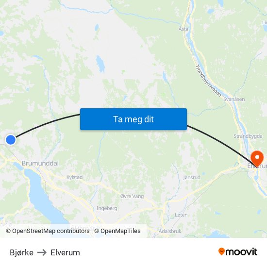 Bjørke to Elverum map