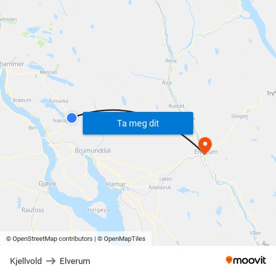 Kjellvold to Elverum map