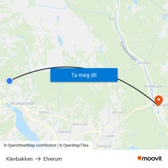 Klevbakken to Elverum map